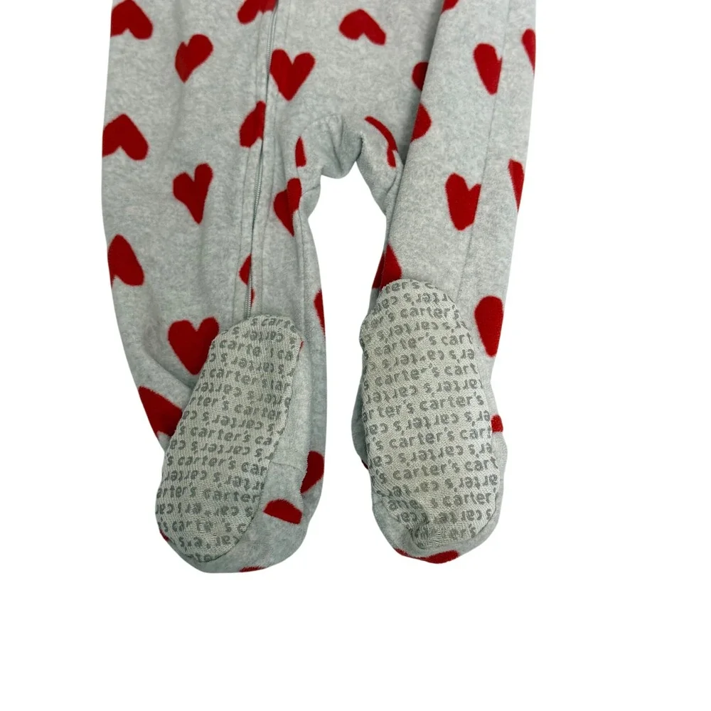 Carters 18M Red Heart Gray Fleece Footed Pajamas Long Sleeve Zip Up Sleepwear